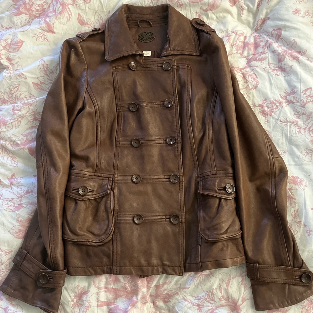 Brown leather button up jacket with double-breast… - image 1